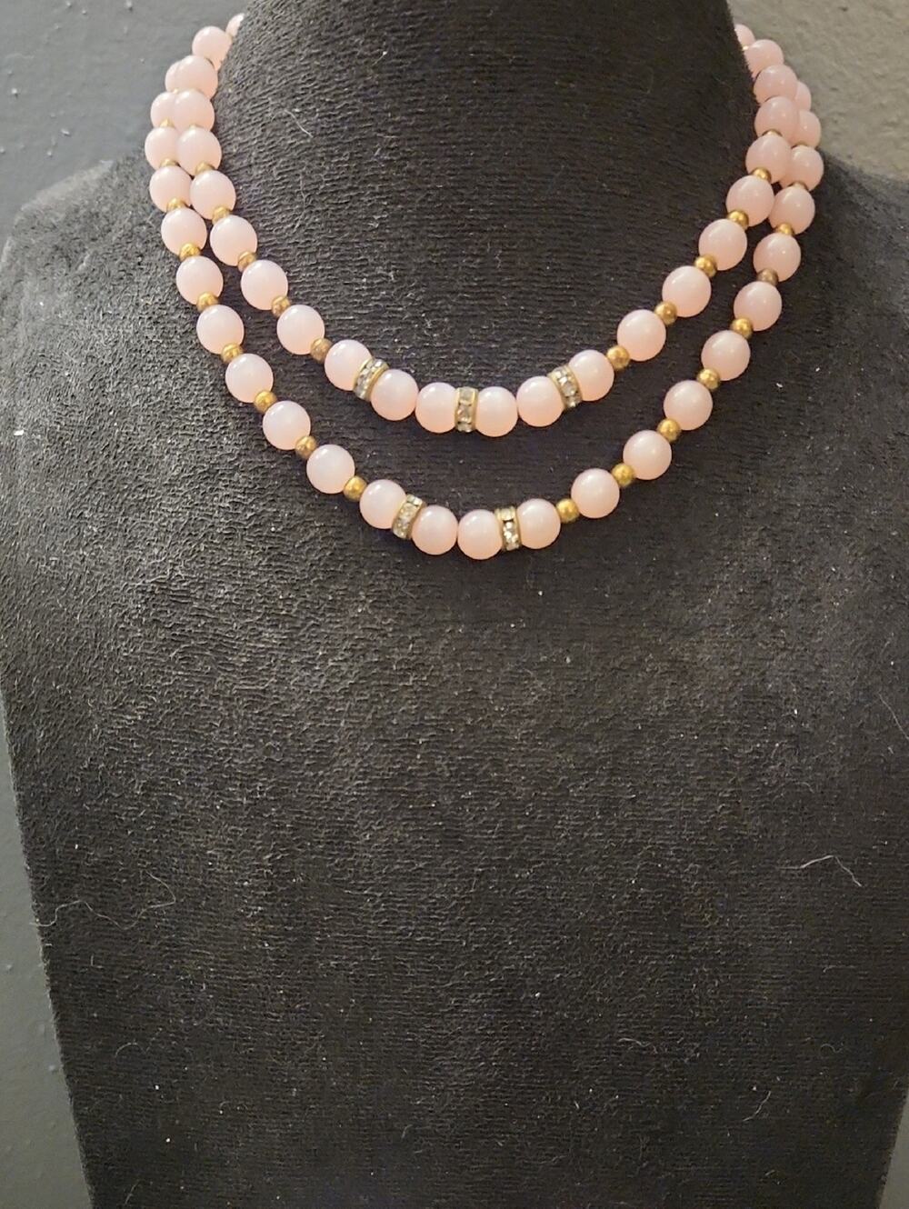 Vintage Pink Beaded Double Strand Necklace with Gold Accents Plus Earrings